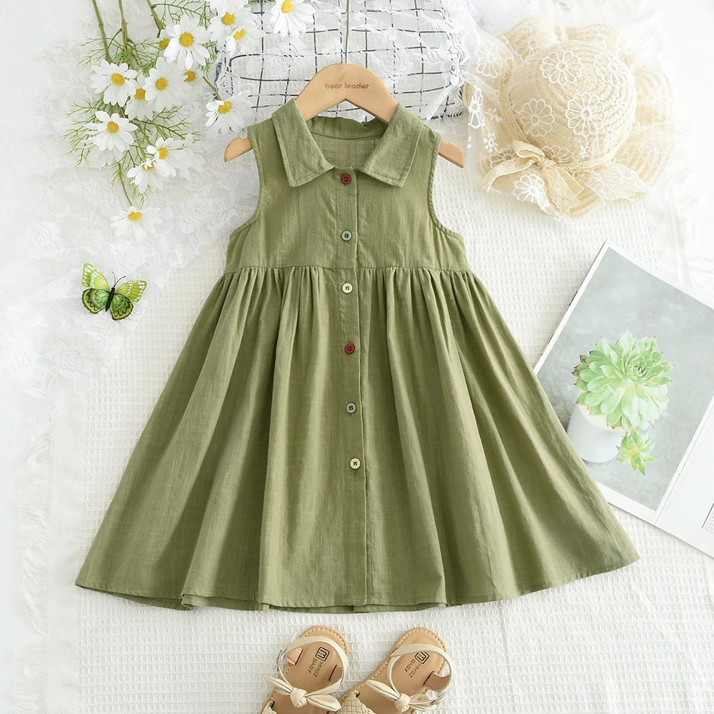 Summer New Girls Solid Casual Sleeveless Princess Dress 1 Pc Single Breasted Kids Fashion Clothes 3-7 Years