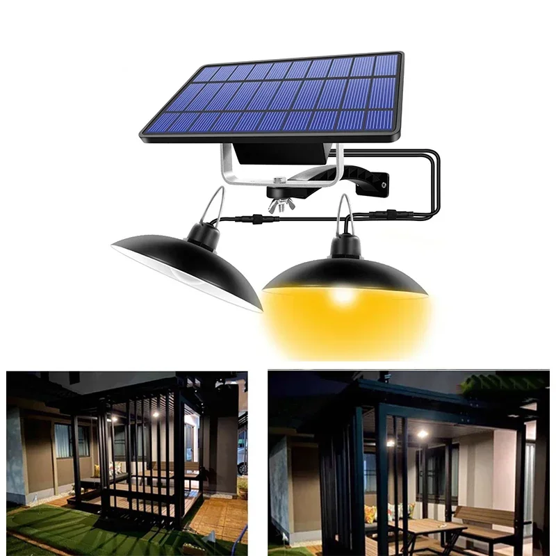 Double Heads Solar Pendant Light, Exterior e interior, Impermeável, 60 LED, Lâmpada com interruptor de puxar, Iluminação para jardim, Luz de inundação