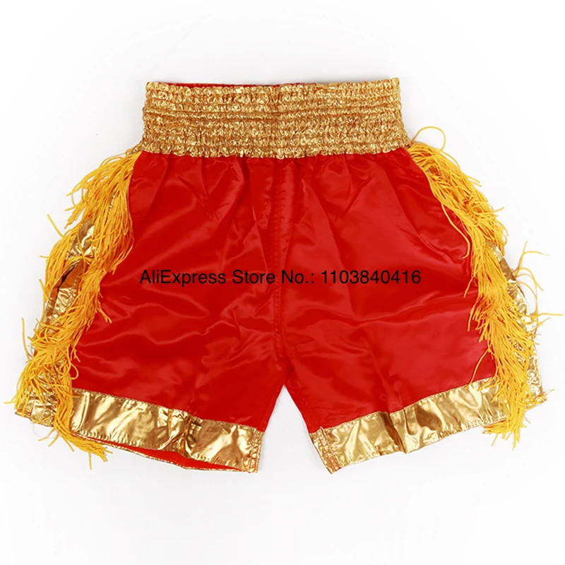 Muay Thai Pants Adult Kids Plain Kick Boxing Shorts Gold Tassels Satin Kickboxing Fight Shorts Thaiboxing Martial Arts Clothes