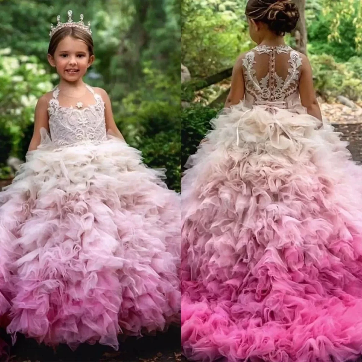 Custom JDY High End Handmade Tiered Ruffle Lace Halter Flower Girl Dress Wedding Party Birthday Pageant Gown Princess Ball Gown