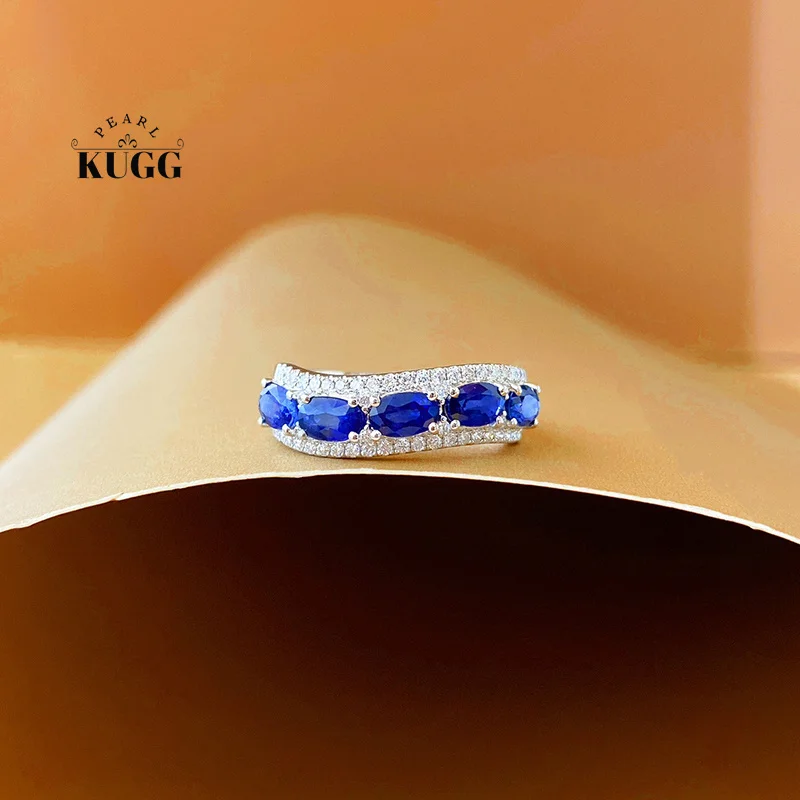 

KUGG 100% 18K White Gold Rings Fashion Shiny Design Natural Diamond&Sapphire Gemstone Ring for Women High Party Jewelry