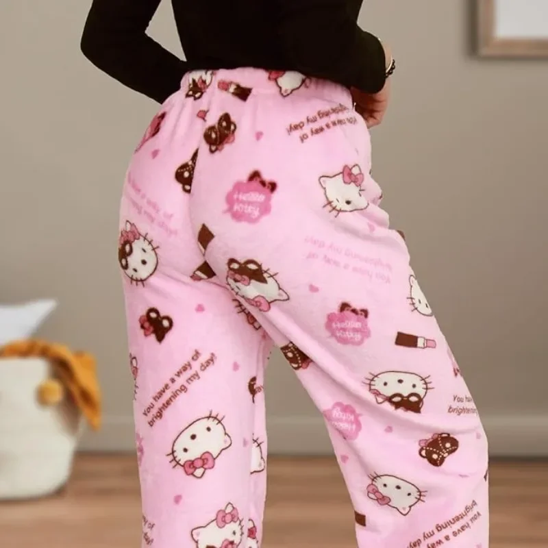 Hello Kitty Pink Bow Lipstick Heart Flannel Pajama Pants Womens Wide Leg Soft Fleece Sleepwear Home Trousers Kawaii Gift