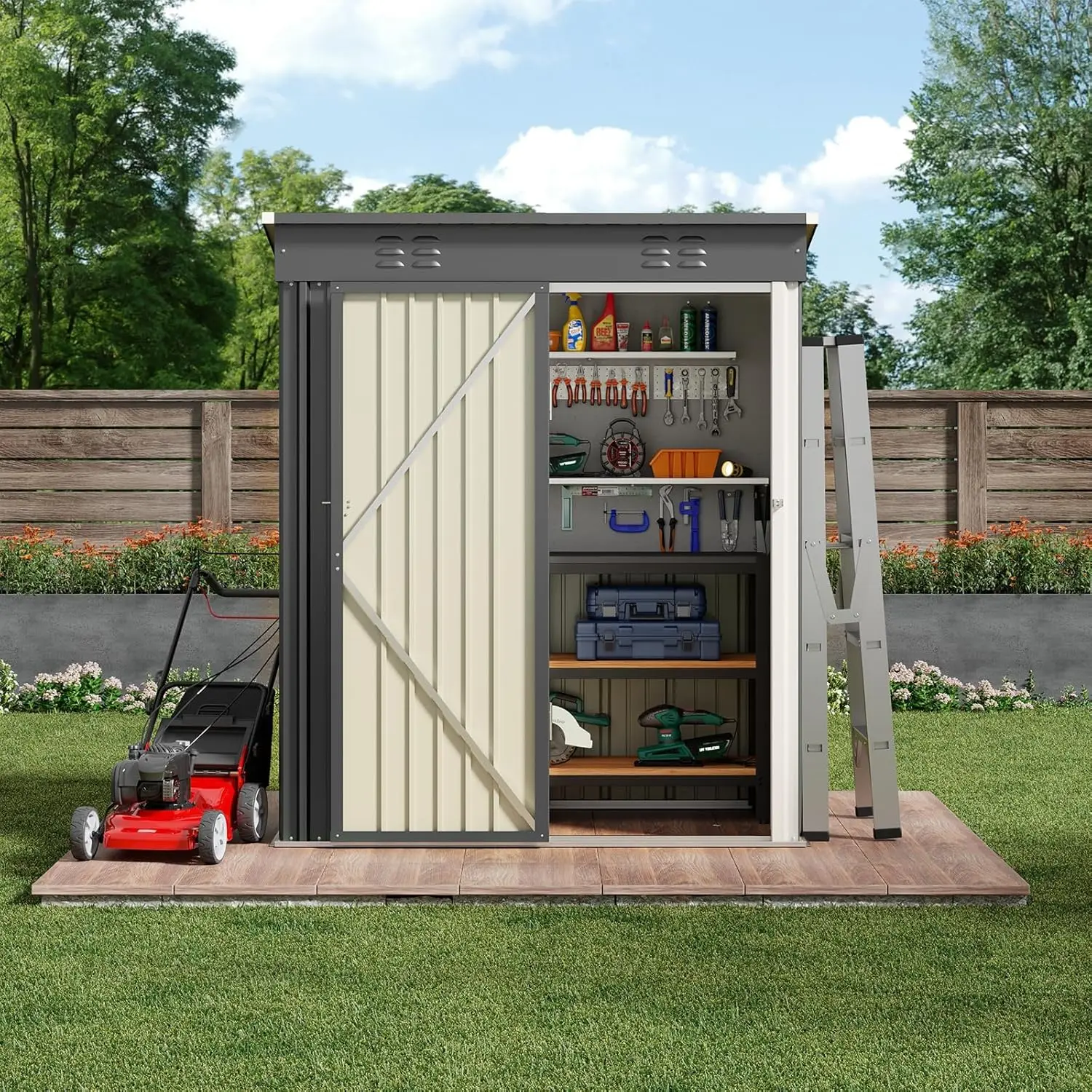 2025 ใหม่ 5 'x 3' กลางแจ้ง Storage Shed Clearance,โลหะกลางแจ้งตู้เดี่ยวล็อคประตู, กันน้ําเครื่องมือ Shed