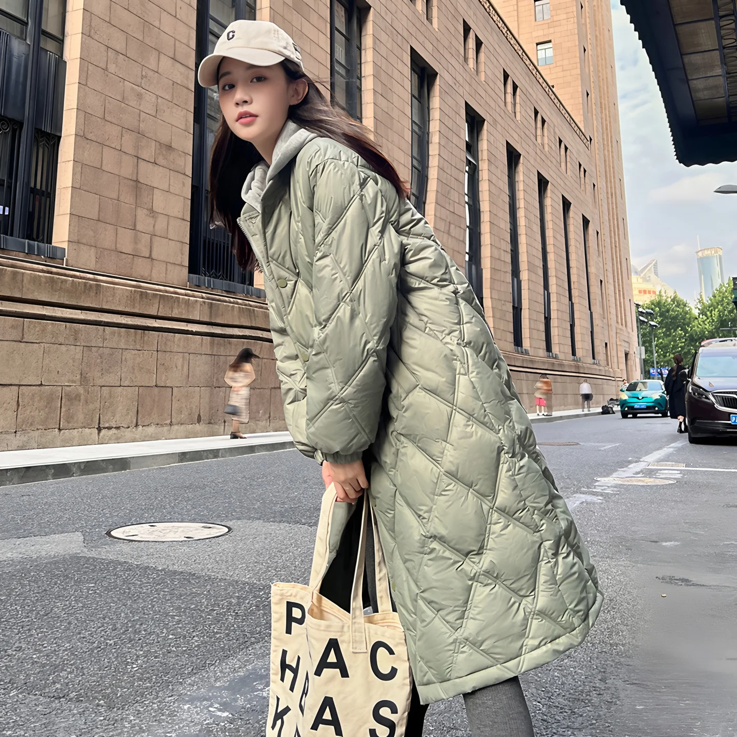 Women's Autumn and Winter New Style Diamond-Patterned Long Lightweight down Cotton Jacket, British Style Mid-Length Cotton Coat, Korean Style Hooded Faux Two-Piece Warm Coat