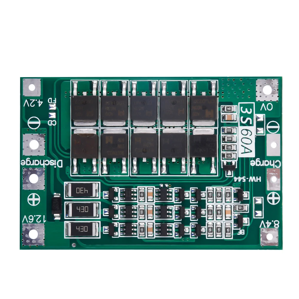 3S 12.6V 60A Li-ion BMS Battery Protection Board with Balanced Charging, High Current PCB for Drill Motor/E-Bike/Solar Storage