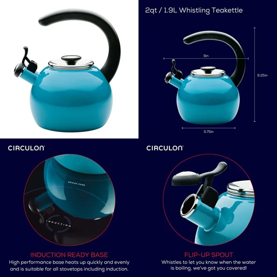 

Enamel on Steel Whistling Induction Teakettle, Tea Kettle for Stovetop with Flip-Up Spout, 2-Quart