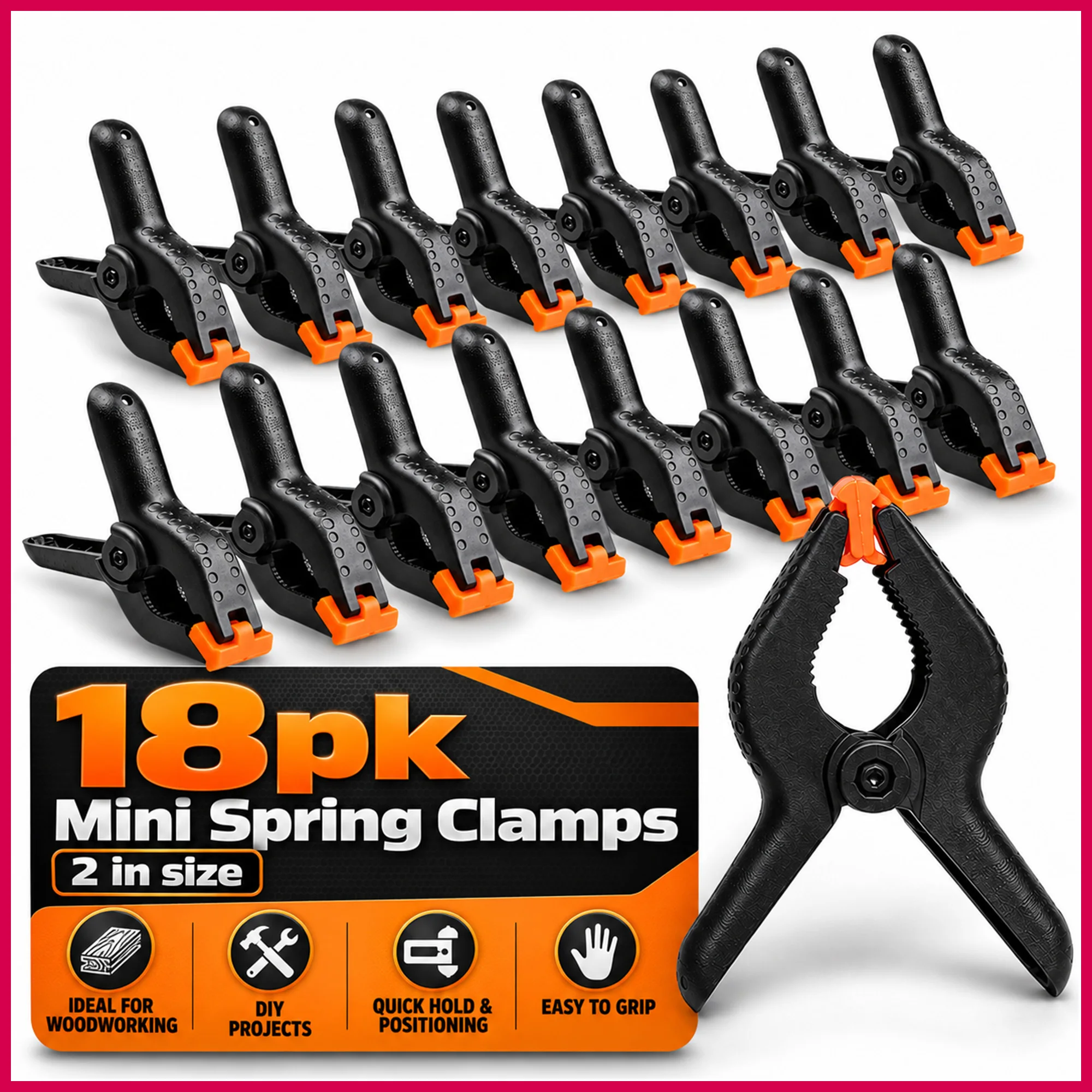 18Pcs 2 Inch Mini Spring Clamps, Plastic Quick‑Grip Clips with Spring‑Loaded Jaws for Crafts, DIY, Model Making, Woodworking & S