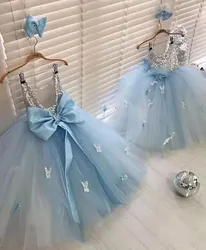 Vestido azul bebê com lantejoulas prateadas para meninas, vestidos de festa de aniversário, saia tutu floral 3D, vestidos de baile baratos, 2023