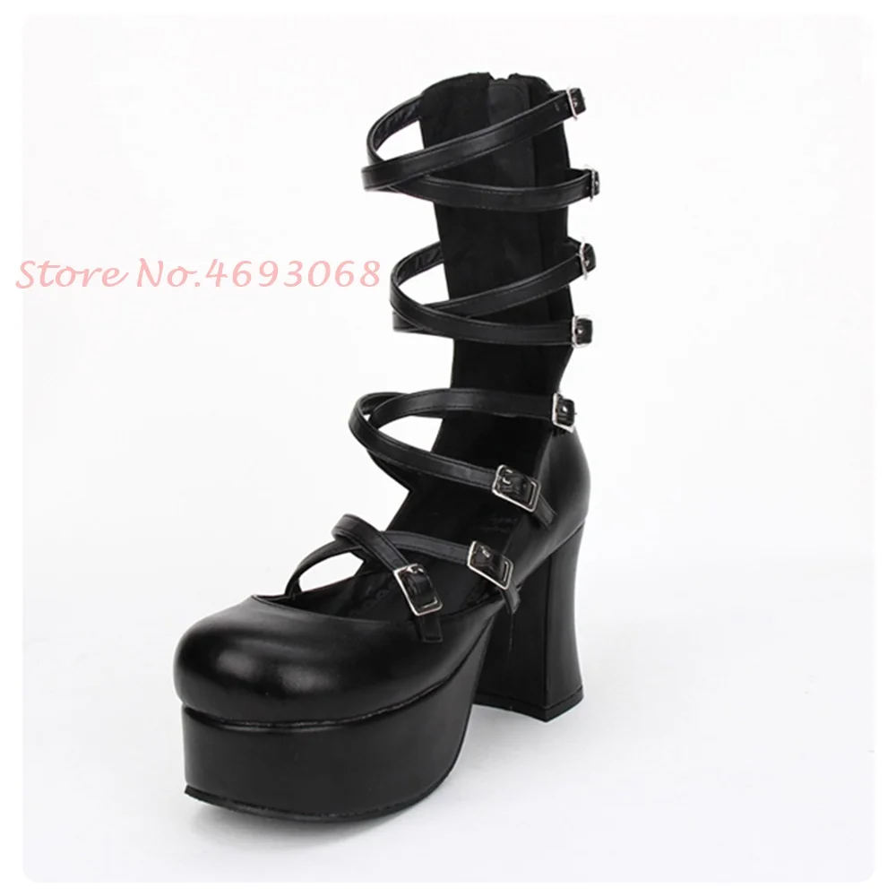 

Cross Strap Lolita Style Leather Boots Newest Round Toe French Retro Black Women's Boots Fashion High Chunky Heels Ladies Shoes