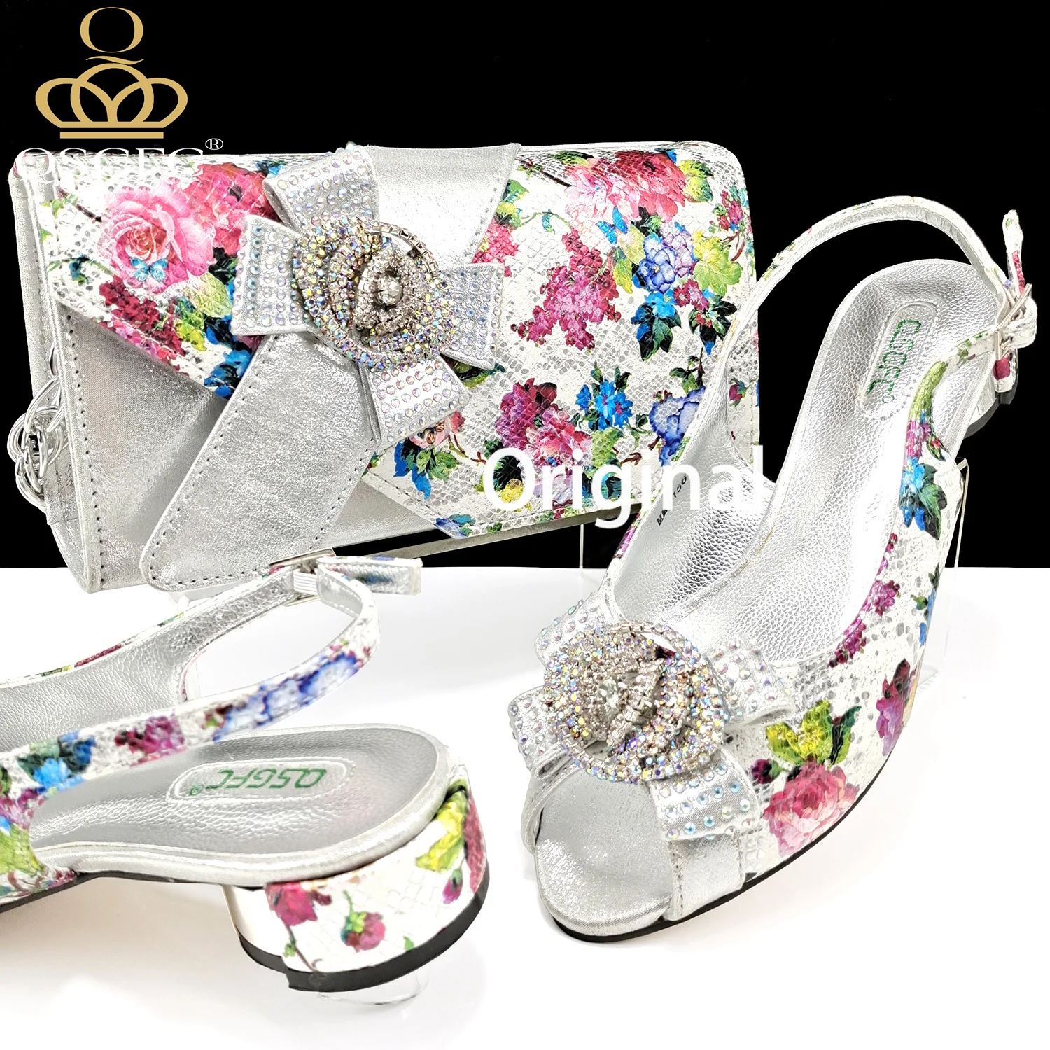 Mature Style Silver Color Party Peep Toe Med Heel Lady Shoes and Bag Set With Colorful Print and Rhinestone Design Decoration