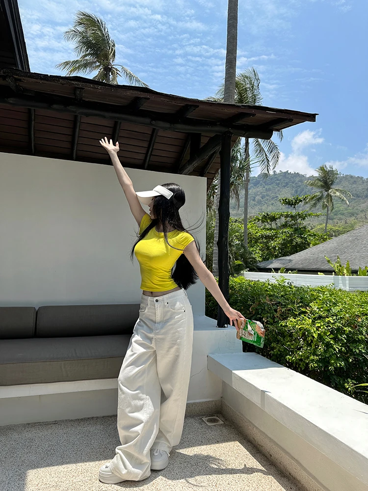 

Белые широкие джинсы женские летние тонкие в американском ретро-стиле с низкой талией, свободные прямые джинсовые брюки с высокой талией, прямые штанины