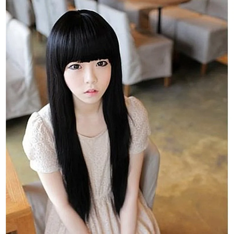 

New Women Black Fancy Party Function Fringe Natrual Straight long Hair Full Wigs