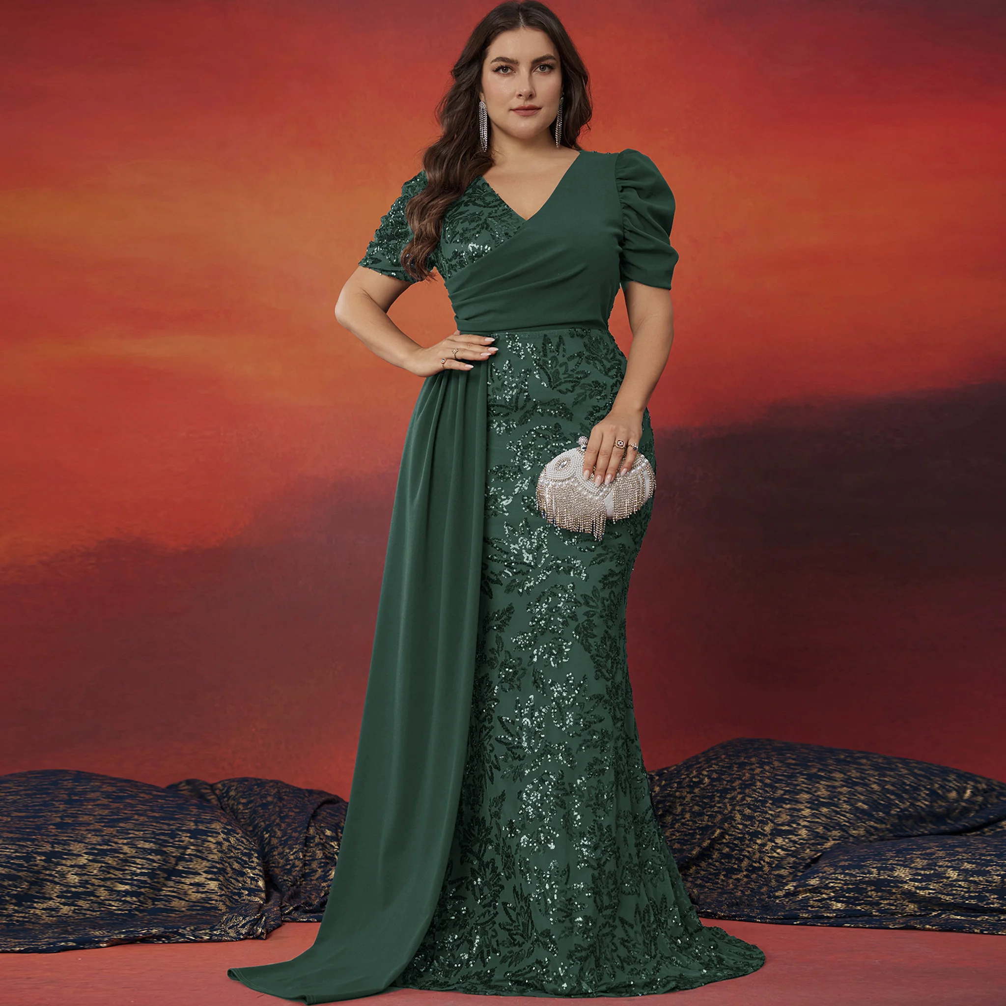 Rosymae plus Size Mermaid Dress Short Sleeve V-Neck High Back Ruched Sleeves Ruffles Evening Party Wedding Formal Event Dress