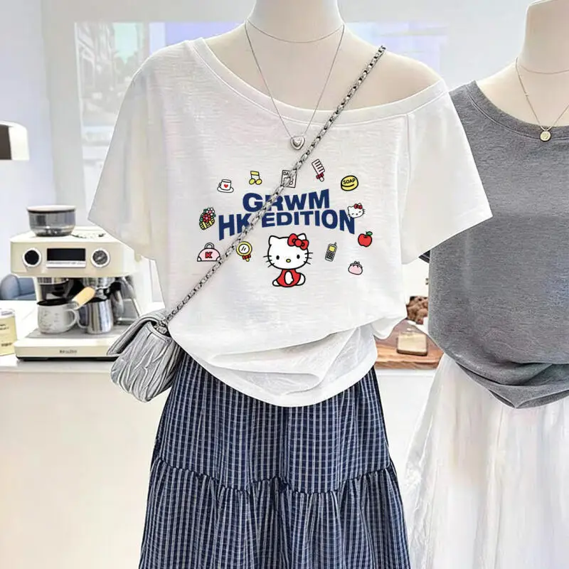 Short-Sleeved T-Shirt Hello Kitty Slanted Shoulder Cartoon Print Design One-Shoulder Temperament New Female Spring Summer Ins