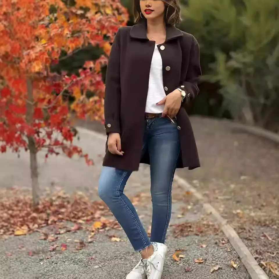 

Женское шерстяное пальто с лацканами средней длины и шляпой Long Sve Commute Sle Faionable Женская верхняя одежда