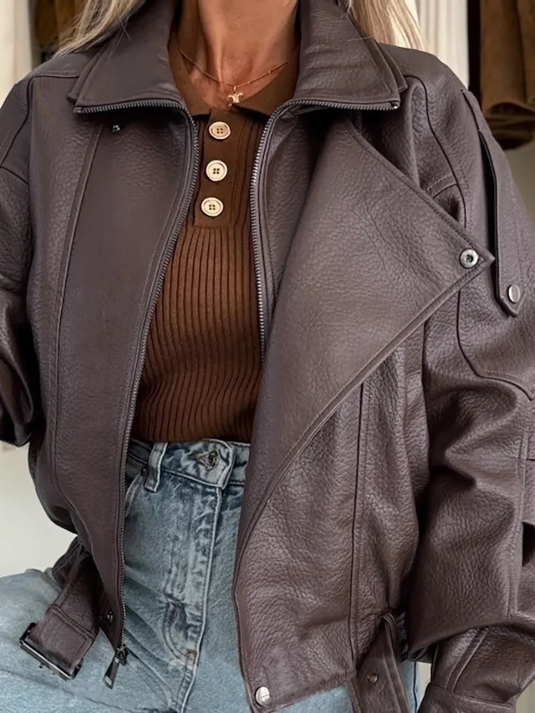 

Fashion Lapel Zipper PU Commuting Coat Women's Elegant Motorcycle Slim Fit Outerwear Autumn Winter Leather Long Sleeved Jacket