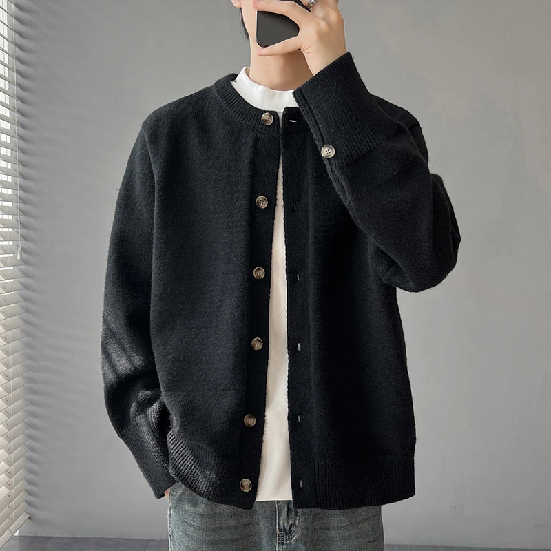 

Men's Crewneck Knitted Sweatercoat Autumn Winter New Cardigan Men Tops Korean Slim Solid Color Single Breasted Sweater Jacket