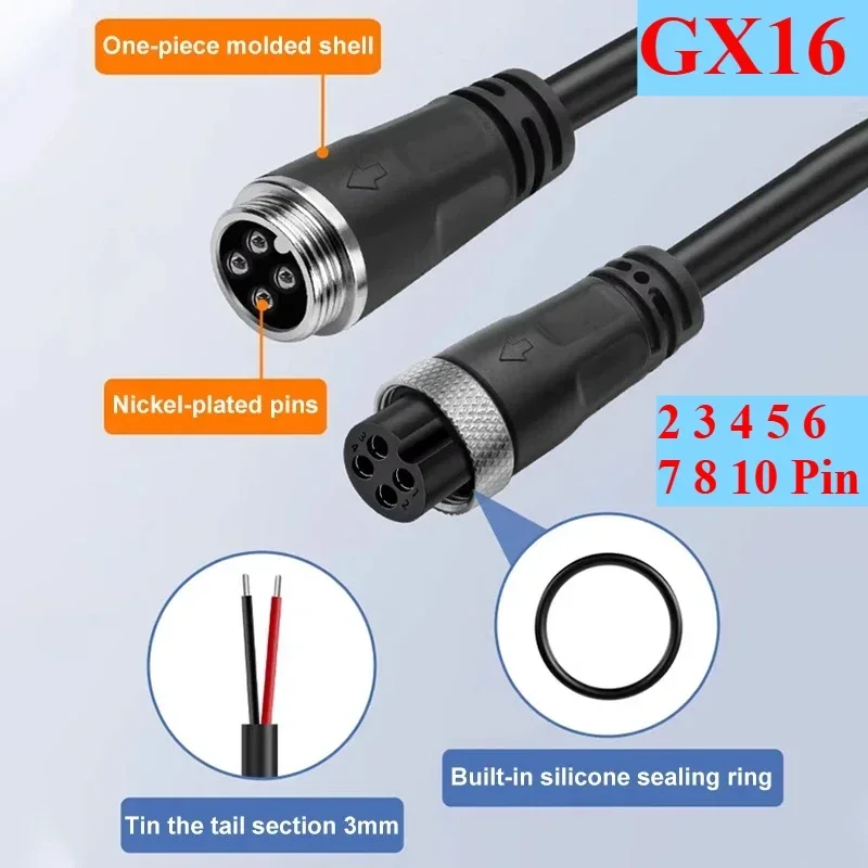 GX16 Aviation Connector, 2/3/4/5/6/7/8/10 Pin Male Female Plug, M16 IP67 Waterproof Connector with 20cm Pure Copper Power Cord