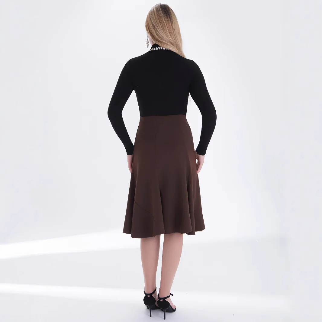 Fashion women's high-waisted A-shaped skirt slim skirt fishtail hem pleated splicing solid color