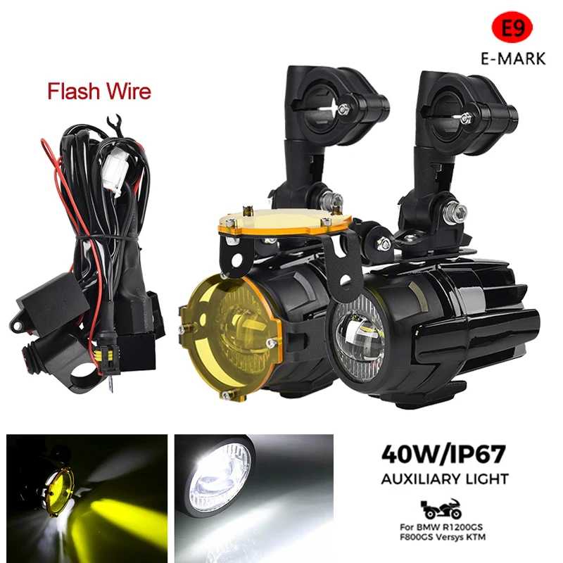 

Universal Motorcycle LED Driving Lights E9 Certified Flash Dual Color Fog Auxiliary Lamp For BMW R1200GS R1250GS Adventure Honda