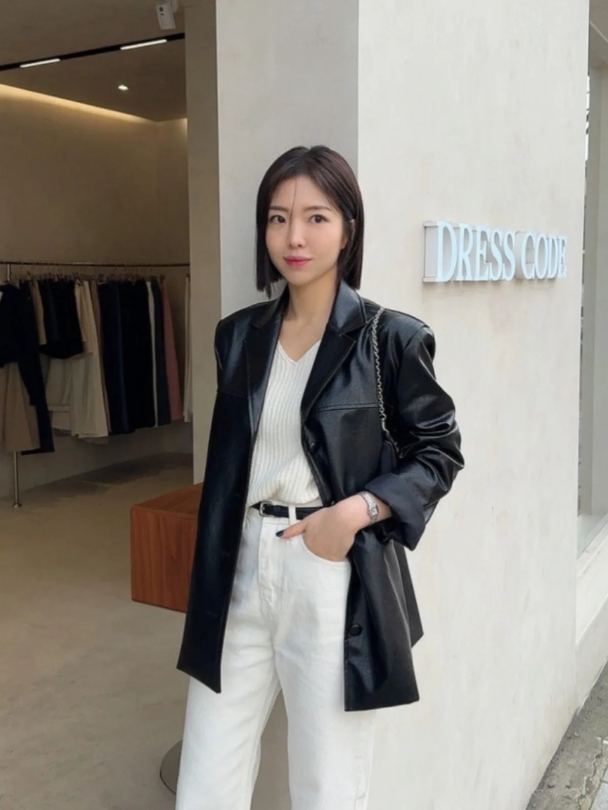 Elegant Chic PU Leather Jacket Women's Long Coat Stylish Korean Version Leather Vest Top Fashionable Business Collar Coat