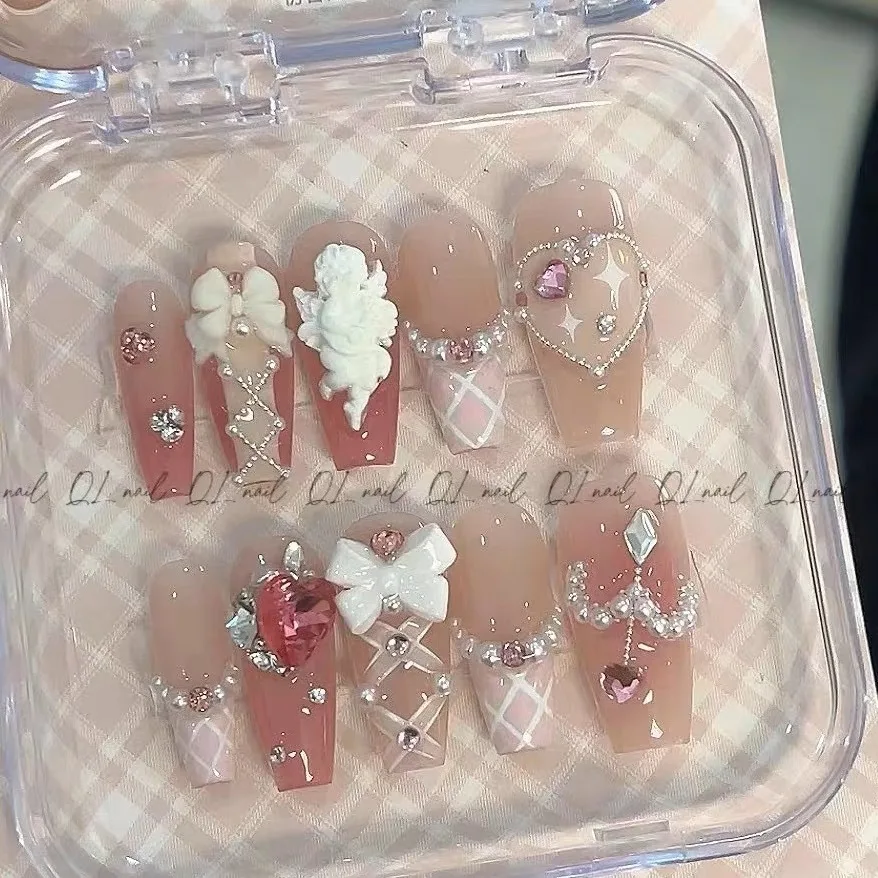 Cute Pink Sweet Princess Removable Handmade Wear Nail Art Y2K Vitality Girl Short Fake Nails Blush Bow Nail Patch