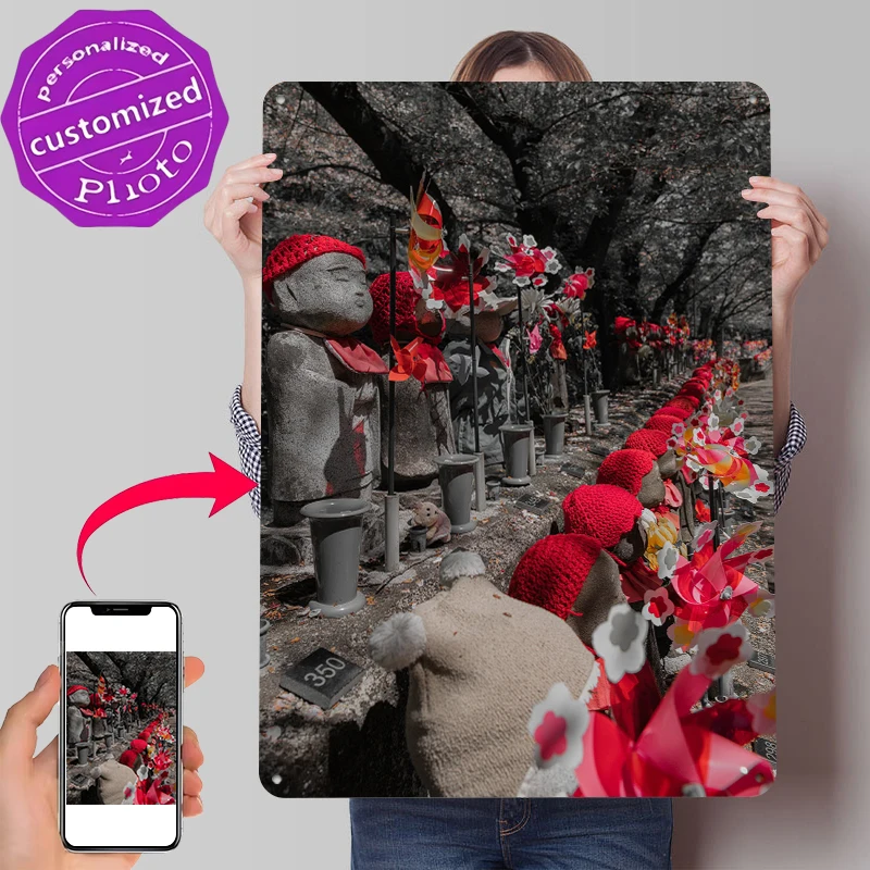 Jizo Statues With Red Hats and Pinwheels Tinplate Poster Customized Wall Art Retro Vintage Metal Signs for Fans Bathroom Decor