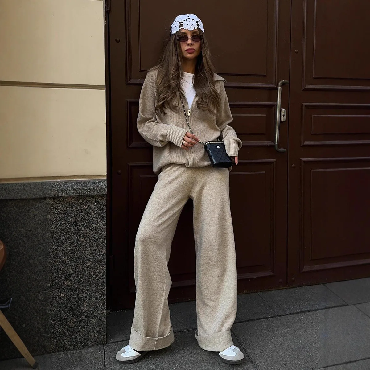 Loose Jacket Pants Knitted Lady Set Solid Color Zipper Jackets High Waist Trousers Casual Street Women New Warm Two-Piece Suits