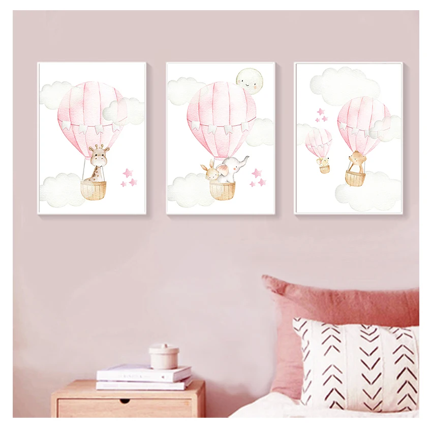 Poster Pink Balloon Animal Travel Print Painting Nordic Kid Child Bedroom Decoration Picture Baby Nursery Girl Wall Art Canvas