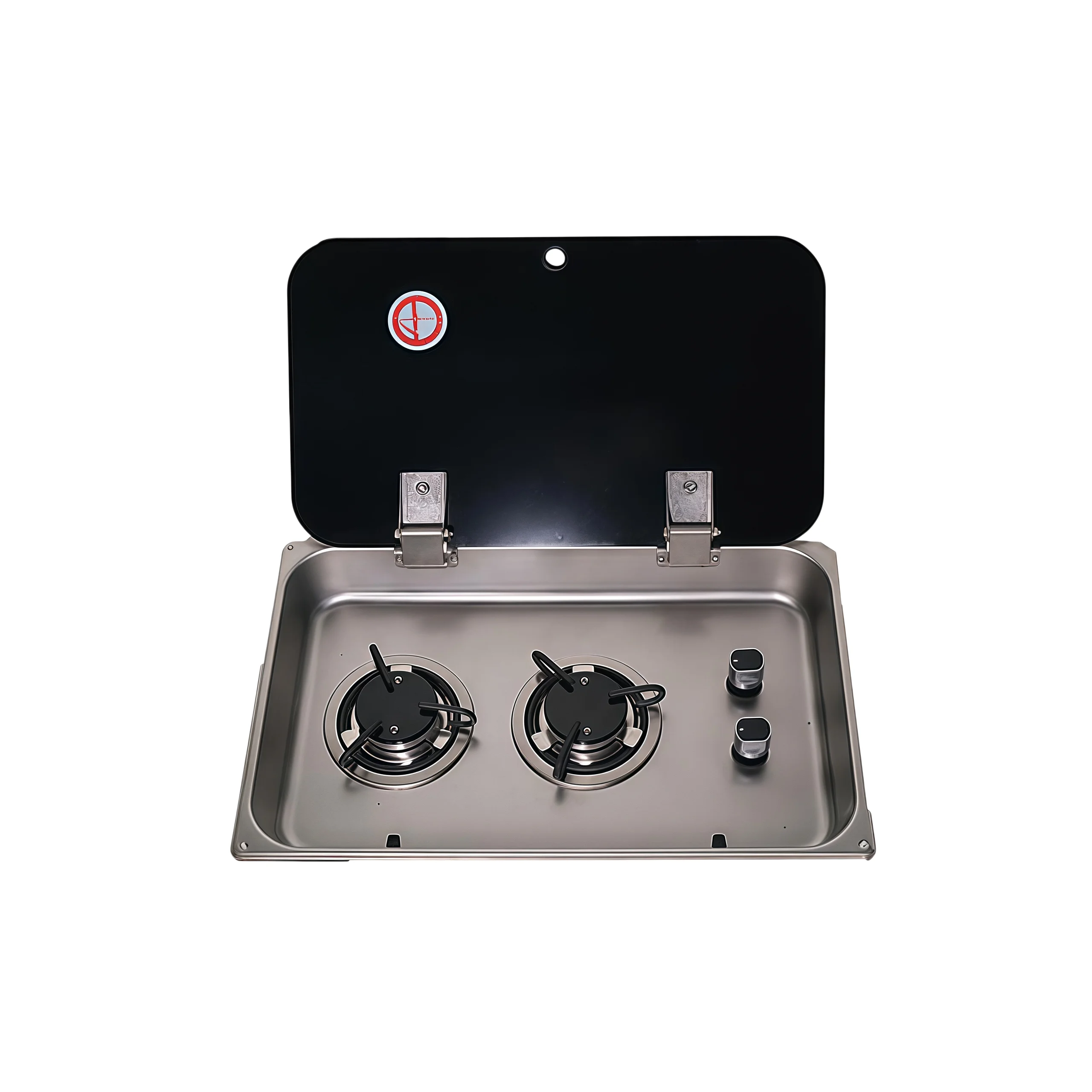 2-Burner Gas Cooktop With Tempered Glass Lid And Stainless Steel Construction For RV/Boat Use Modern Design