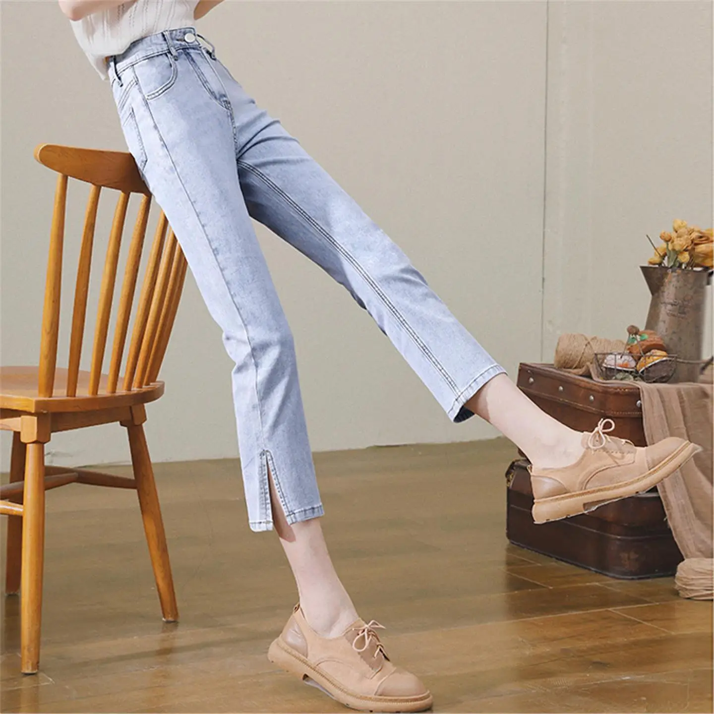 High Waist Slimming Split Straight Leg Denim Jeans Women's Fashion Spring Autumn New Style Stylish Slim Fit Cigarette Pants