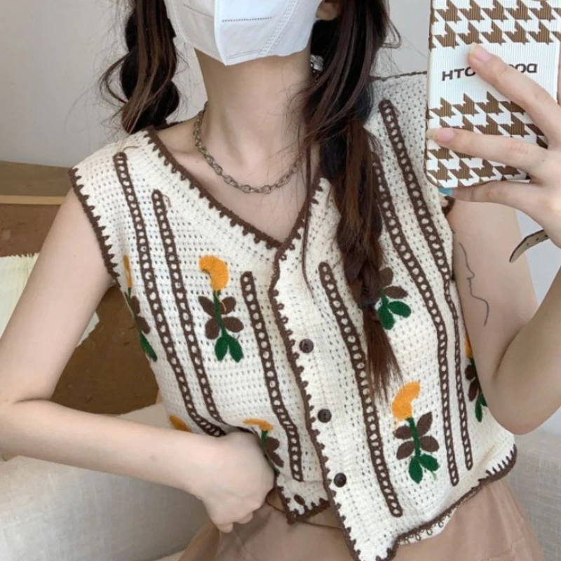 Sweater Vest Women V-neck Baggy Vintage Chic Casual Knitting All-match Korean Style Hollow Out Spring Trendy Ladies Simple Daily