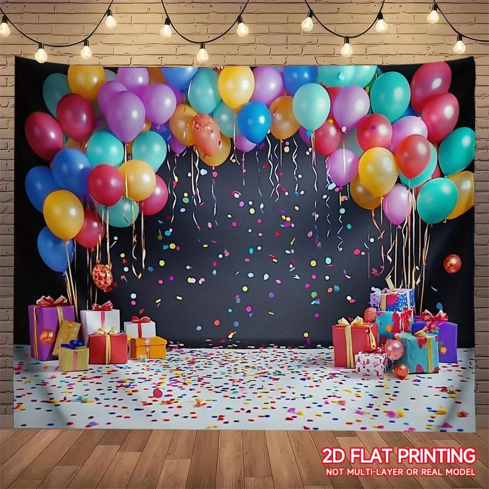 1 Stück Polyesterfaser-Fotografie-Hintergrund mit Cartoon-Ballons und Geschenken, für Geburtstagsfeiern und Heimdekoration