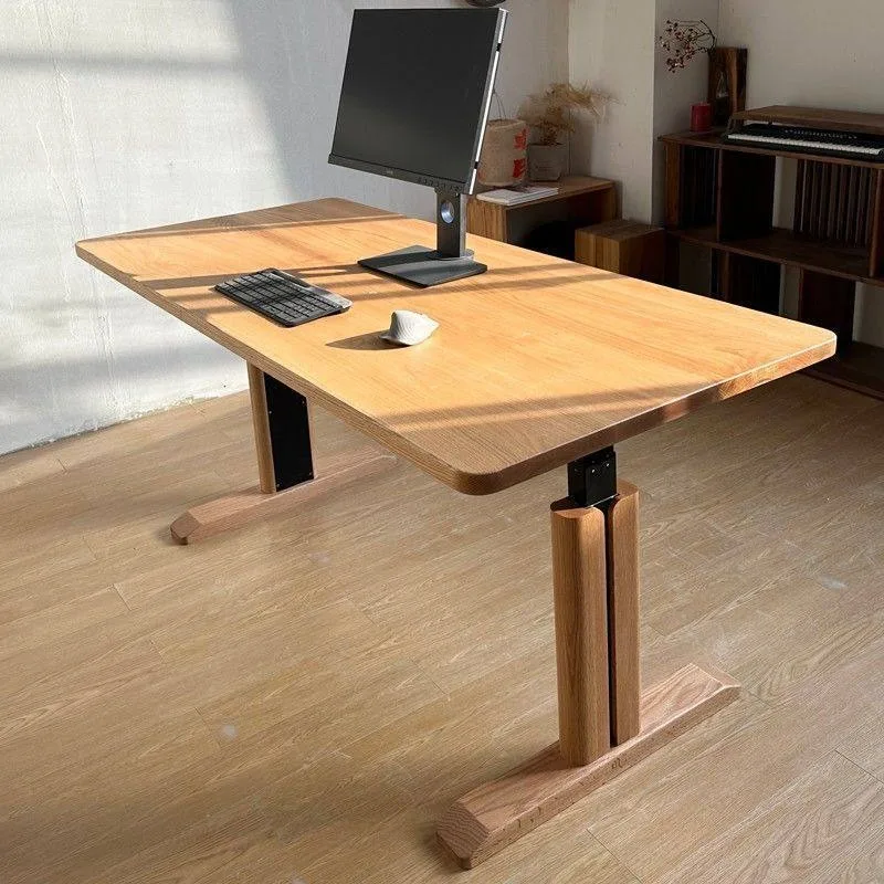 Solid wood electric lifting table, workbench oak double desk, computer desk table legs table rack bedroom mobile