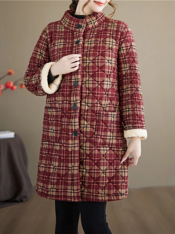

Thiened фланелевое ретро клетчатое хлопковое льняное тюре женское теплое пальто длинное све воротник-стойка на пуговицах верхняя одежда средней длины