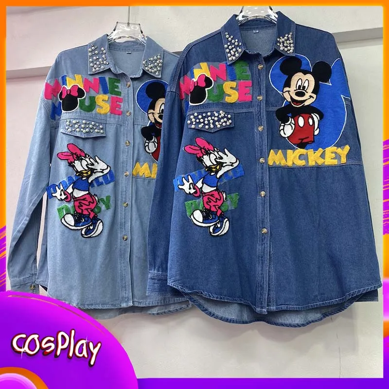 

Mickey Denim Shirt Disney Cartoon Cute Shir Women Trendy Coat Casual Fashion Woman Long Sleeves Top Female Loose Clothing Gift