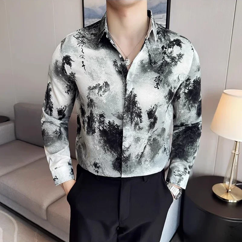 Chemise à manches longues imprimée de peinture à l'encre de style chinois rétro pour hommes, chemise élégante à boutonnage simple, streetwear d'automne, grande taille