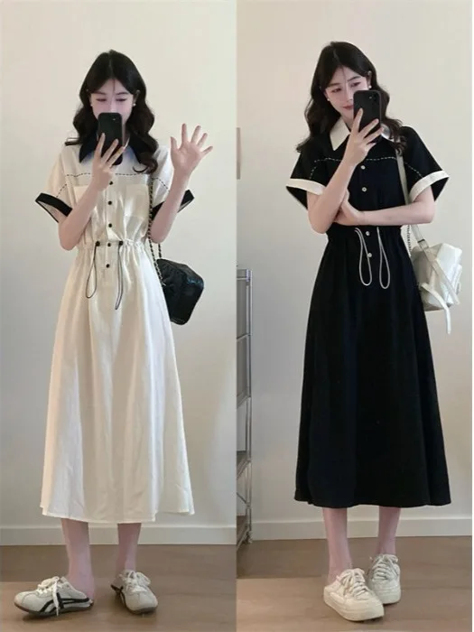 

Flattering plus Size Midi Dress with Stand Collar Color Block Design Comfortable Slimming A-Line Silhouette for Daily Wear