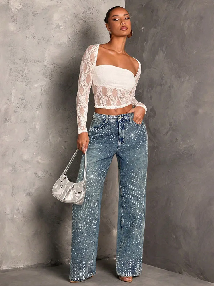

American Retro Rhinestone Wide Leg Jeans Women Simple Versatile Fashion Pockets Design Denim Pants High Street Loose Trousers
