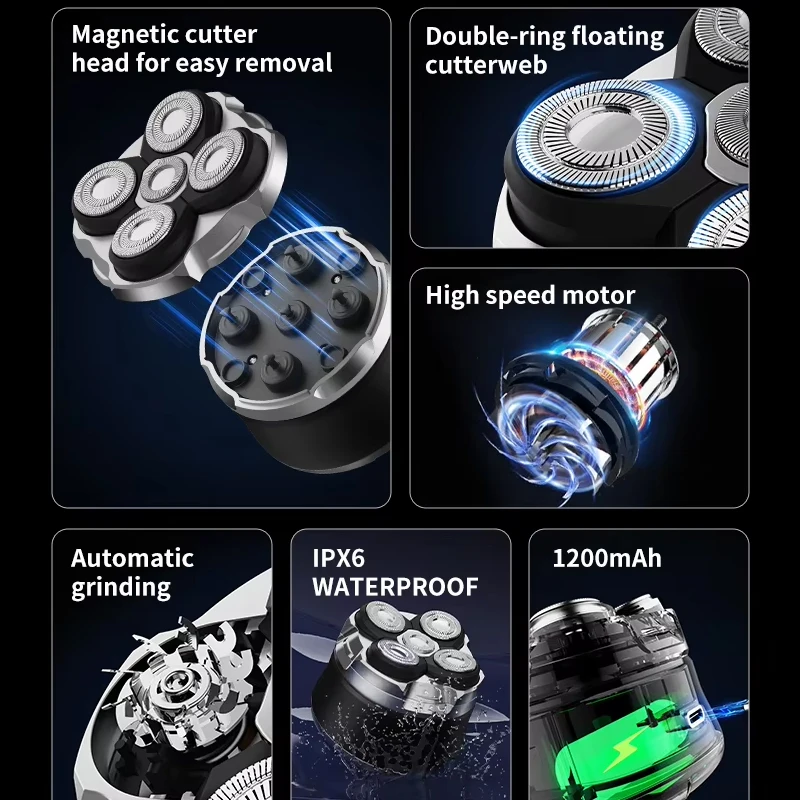 Barbeadores de cabeça para homens carecas, barbeadores de cabeça careca magnéticos 5D, motor de alta velocidade de 10000 RPM para barbear rápido, barbeador de caveira à prova d'água