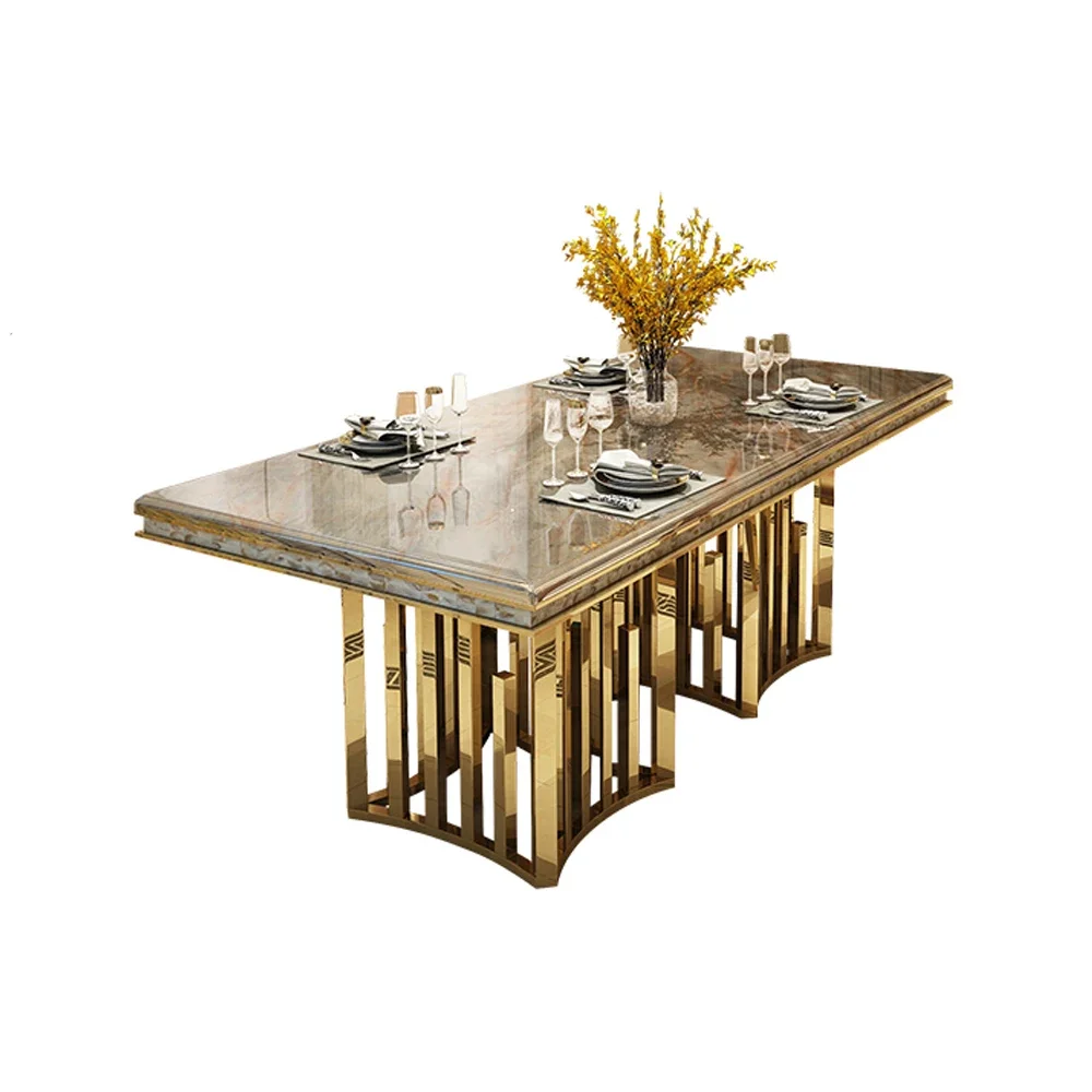 Luxury Marble Dining Table Set with Gold Stainless Steel Frame, Dining Room Table with Sea Shell and High-Back Chairs