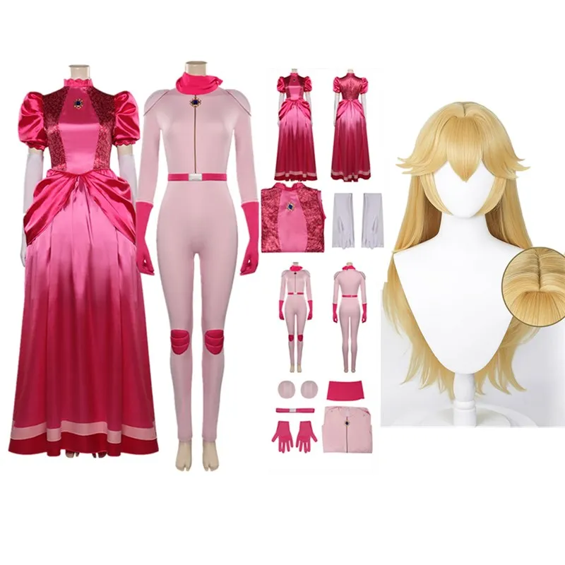 Peach Cosplay Costume Adult Women Fantasia Princes Dress Jumpsuit Gloves Belt Wig Outfits Halloween Carnival Party Disguise Suit