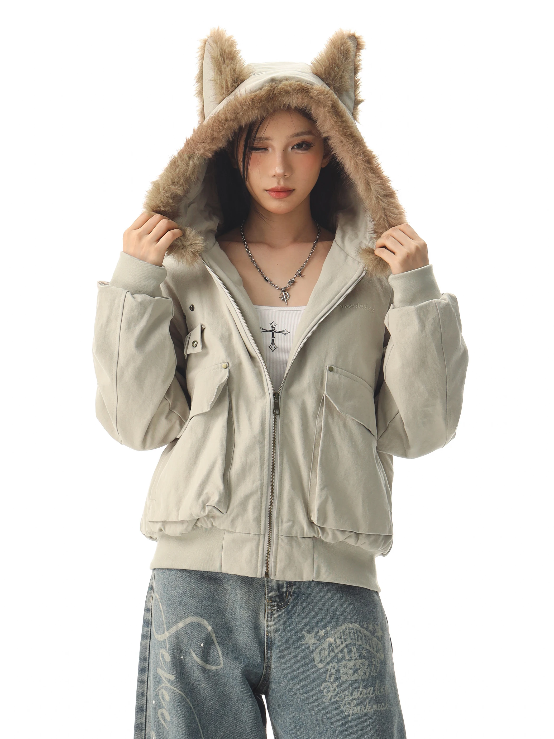 

Теплая куртка-парка с капюшоном и медвежьими ушками, хлопковое стеганое пальто, осенне-зимнее женское пальто Fashion Sweet Sle CCAPTAINBEER