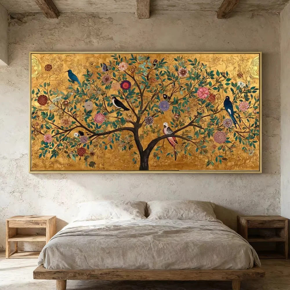 2D Flat Large Birds Blooming Branches Canvas Wall Art Printing picture Frameless Nature Flowers Artwork poster print Room Decor
