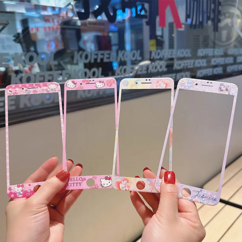 Vetro temperato a copertura totale per iPhone X XR Xs Max 11 12 13 14 Pro 6 7 8 Plus pellicola salvaschermo Soft Edge Film Cartoon Hello Kitty