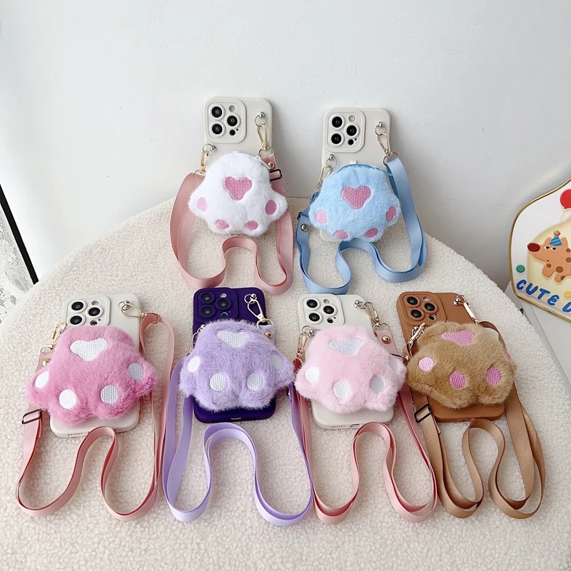 For Samsung Galaxy S8 S9 S10 Plus Ultra FE Edge Note 8 9 10 20 Ultra Plush Cat Paws Wallet Case With Rope