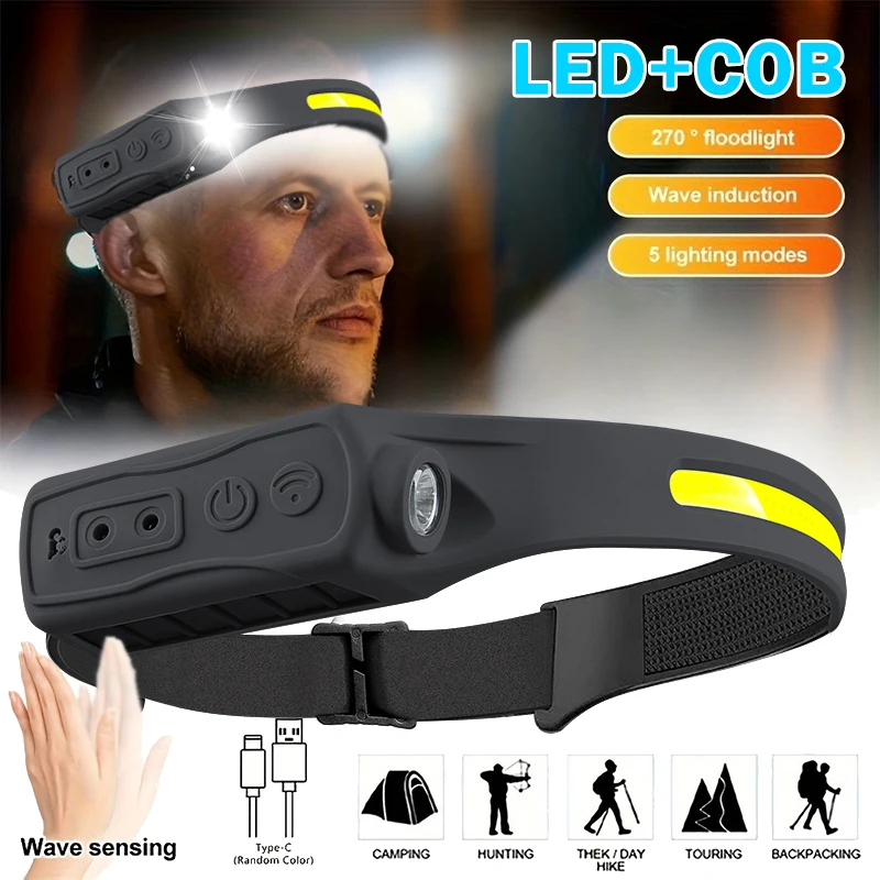 

Sensor Headlamp LED Head Flashlight Rechargeable Headlight Head Torch Built-in Battery 5 Lighting Modes Fishing Camping Lantern