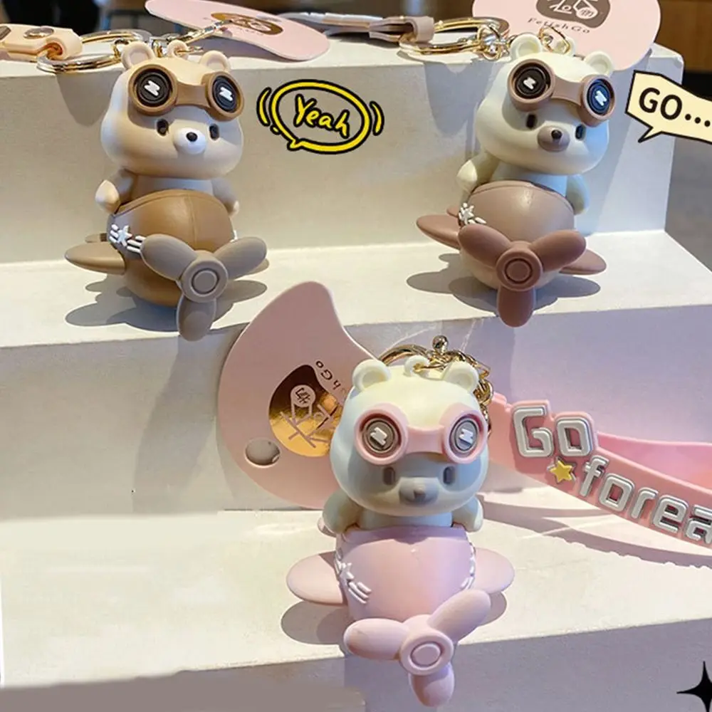 Cartoon Bear Doll Fighter Keychain Flying Glasses Bear Cute Schoolbag Pendant Stars Rotating Small Plane Car Key Ring Couple