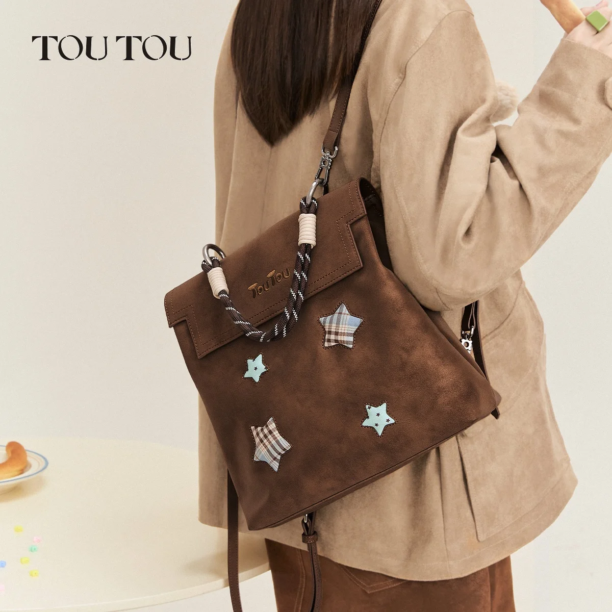 

TOUTOU Vintage Star Tote Bag, 4-Way Carry, Cute Star Decor, Large Capacity Backpack for Women Daily