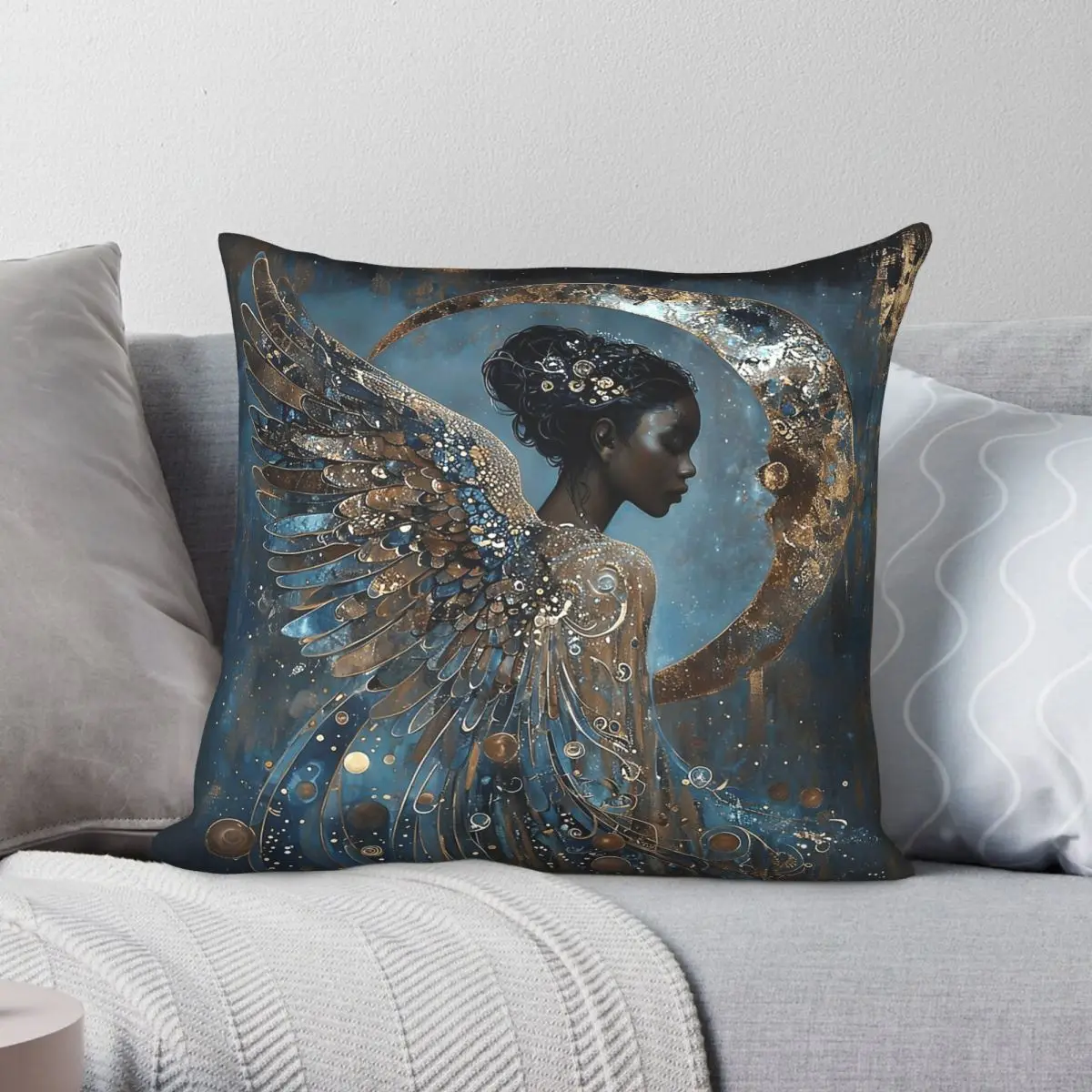 Angel Beautiful Black Women Square Pillowcase Polyester Linen Velvet Printed Zip Decorative Pillow Case Home Cushion Cover